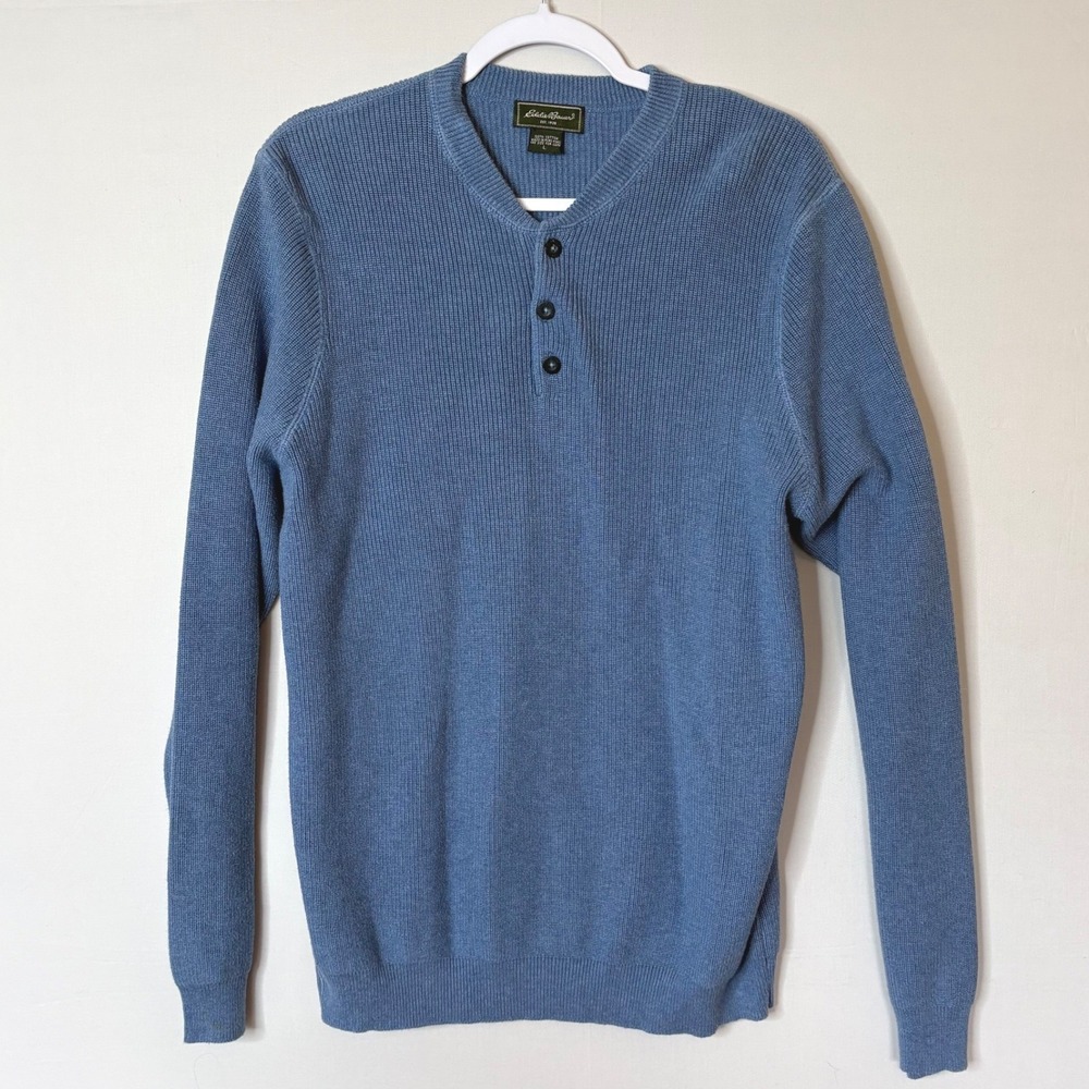 Vtg Eddie Bauer 90s Fisherman Henley Sweater L Blue Grandpa Core Gorpcore Cabin